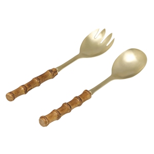 Ensemble de couverts de service en bambou naturel avec manche en racine, cuillère et fourchette en laiton brossé doré, pour repas tropicaux et banquets - Product Image 2