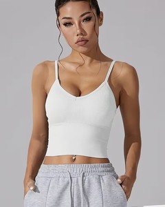 Women's Seamless Ribbed Sports Bra | Low-Back Criss-<b>Cross</b> Workout Tank <b>Top</b> | Spandex/Polyester White Gym Cami Removable Front - Product Image 1