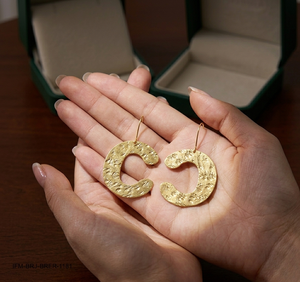 Handmade Textured <b>Brass</b> C Hoop Christian Design Lead-Free Hooks Tarnish-Resistant Golden Finish Alphabetum Charisma Collection - Product Image 4