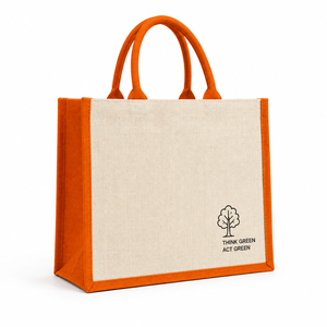 Bolsa de Compras de Yute Grande con Ribete Naranja, Logotipo Think Green Act Green, Bolsa Ecológica para Supermercado con Asa para Llevar en la Mano - Product Image 1