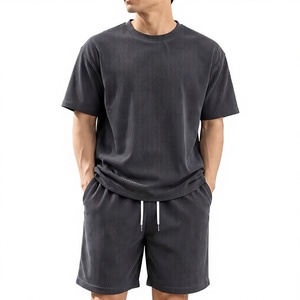Men Solid Summer Breathable Waffle T-Shirt Set Ribbed Short Sleeve Crew Neck Casual Knit Tee and Shorts Front Logo Lounge Outfit - Product Image 5