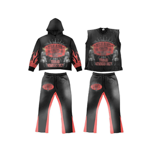 Ensemble de survêtement streetwear d'hiver pour homme, sweat à capuche et pantalon de survêtement, imprimé sérigraphié motif flamme rouge, coupe longue, en tissu épais - Product Image 1