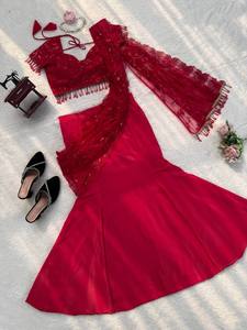 <b>Red</b> Embroidered Lehenga <b>Saree</b> for Women Butterfly Net Pleated Pallu Party Wedding Dress - Product Image 4