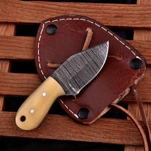 Custom Handcrafted Damascus Steel Mini Pocket <b>Knife</b> Fixed Blade Hunting Camping <b>Knife</b> with <b>Bone</b> <b>Handle</b> & Genuine Leather Sheath - Product Image 4