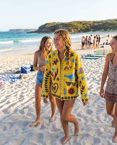 Chaqueta de Punto Amarilla Bordada con Mangas Largas y Cuello Camisero, Estilo Vacaciones de Verano, Abrigo para Mujer - Product Image 1