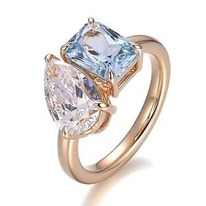 Anillo de Oro Amarillo Real de 14k Personalizado con Moissanita de Corte Radiante de 6*8mm y Zafiro con Moissanita de Corte Pera, Anillo de Compromiso y Boda - Product Image 1