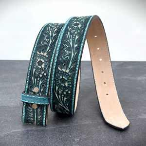 Ceinture Western en cuir véritable pleine fleur, faite à la main, avec boucle en cuir et garniture turquoise, pour femme - Product Image 1