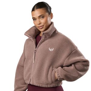 Veste polaire Sherpa marron clair pour femme, coupe courte, entièrement zippée, col montant, confortable, pour l'hiver, style décontracté, à porter en superposition - Product Image 2