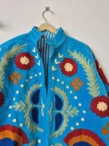 Luxury Sky Blue <b>Velvet</b> Suzani Embroidered <b>Jacket</b> With Floral Pattern Full Sleeve Stand Collar Bohemian <b>Women's</b> Warm wear - Product Image 5