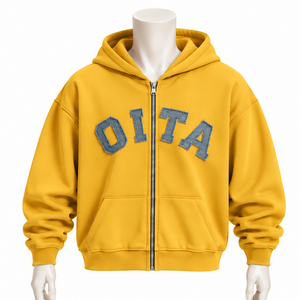 Mustard Mens <b>Full</b> <b>Zip</b> Hoodie Heavyweight Fleece Chenille Letter Patch Oversized Casual Streetwear <b>Sweatshirt</b> with Kangaroo - Product Image 1