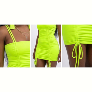 Robe de soirée néon personnalisée, style halter, moulante, mini, à fines bretelles, froncée, couleur unie, sexy, pour adulte, coupe droite naturelle - Product Image 4