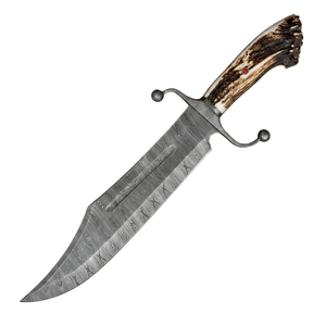 Couteau Bowie personnalisable en acier Damas fait main avec manche en corne et étui en cuir pour la chasse, la survie et les activités de plein air - Product Image 1
