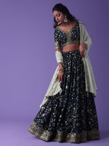 Embroidered Embossed Lehenga Choli Set Women Traditional Floral Ethnic <b>Wedding</b> Party Outfit with Dupatta Cotton Chiffon - Product Image 2