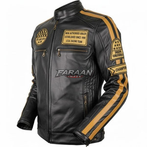 Black Tan Canvas Genuine Leather Motorcycle <b>Jacket</b> Retro Racing Stripe Design Cafe <b>Racer</b> Custom Patch Letter Riding Outerwear - Product Image 4