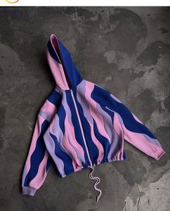 เสื้อฮู้ดครอปสีน้ำเงินกรมท่าคุณภาพดีสำหรับทุกเพศ ดีไซน์สีตัดต่อ ซิปหน้า ทรงโอเวอร์ไซส์ ลายคลื่น พร้อมเชือกผูก ผลิตภัณฑ์ขายดี - Product Image 5