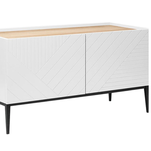 Un meuble moderne et minimaliste, finition blanche et accents en bois, soutenu par de fines pieds en métal noir. - Product Image 3