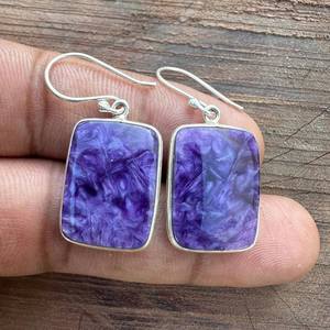 Pendientes colgantes de charoita natural, plata de ley 925, hechos a mano, joyería para mujer, pendientes minimalistas con piedras preciosas, regalo para ella - Product Image 4