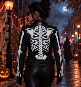 Halloween Skeleton Leather <b>Jacket</b>, Gothic <b>Biker</b> Style, Black <b>White</b> Yellow Accents - Product Image 2