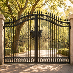 Elegante puerta doble de entrada de hierro forjado negro con remates curvos en la parte superior, adornos decorativos y diseño clásico para entrada residencial. - Product Image 2