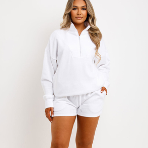 Conjunto Deportivo de Sudadera Blanca con Cierre de Cremallera y Pantalones Cortos para Mujer, Talla Grande, Color Sólido, Corte Holgado, Manga Larga, Ropa de Primavera - Product Image 1