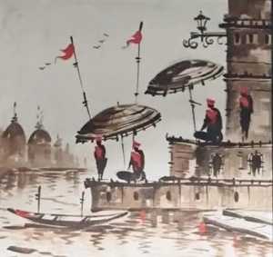 Pintura artesanal en lienzo de paisaje, acuarela, escena del Ghat de Varanasi con banderas rojas, obra de arte para interiores - Product Image 2