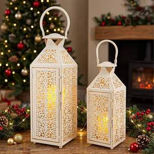 Juego de 2 Faroles Metálicos Marroquíes Blancos Vintage, Faroles Decorativos Colgantes para Velas con Patrón Tallado a Mano para Decoración del Hogar - Product Image 6