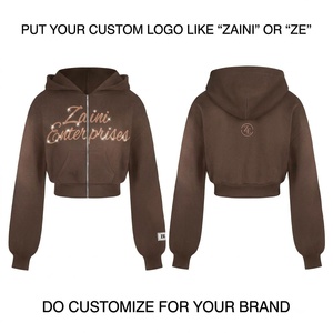 Women <b>Crop</b> Top Hoodie Premium Cotton Fleece 320 GSM Brown <b>Zip</b> <b>Up</b> Rhinestone Logo Custom Fashion Streetwear Trendy Manufacturer - Product Image 1