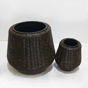 Modern Rattan Flower Pot Set Indoor <b>Planters</b> for Home Decor Minimalist Style Circular Design Black Finish - Product Image 3