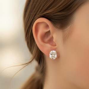 Moissanite Cushion Cut Solitaire Stud <b>Earrings</b> For Womens 10K Solid Gold Fine Bridal Jewelry Gift For Partner - Product Image 2