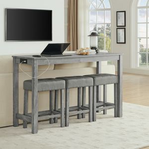 59-Inch Power Outlet <b>Bar</b> <b>Table</b> 3 Upholstered <b>Stools</b> 4 Piece Dining Sofa <b>Table</b> Chair <b>Set</b> for Living for Home Office Furniture - Product Image 4