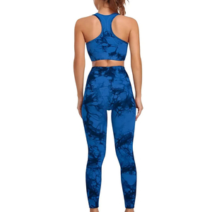 <b>Blue</b> 2 Piece Yoga Set Seamless High Waist Leggings Crop Top Racerback Sleeveless Solid Color Full Length Activewear - Product Image 6
