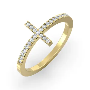Bague croix en or jaune 14 carats avec diamant de laboratoire rond, cadeau pour femme - Product Image 2