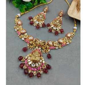 Classy Antique Mossanite Polki Temple <b>Necklace</b> <b>Set</b> Classic Style Kundan <b>Set</b> with <b>Pearl</b> for Women & Girls for Weddings Wear - Product Image 2
