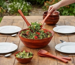 Ensemble élégant de saladiers en bois avec cuillère et fourchette de service, vaisselle ronde durable et lavable au lave-vaisselle pour un usage quotidien - Product Image 3