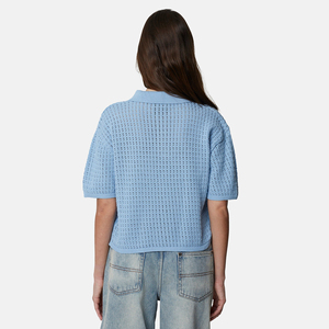 Women's Light Blue Short Sleeve Knitted Polo Shirt Solid Color Casual Breathable 100% Cotton - Product Image 2