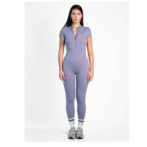 Mono de mujer de color liso, de cintura alta y largo completo, con cremallera, cuello polo, manga corta, control de abdomen y efecto moldeador, para yoga - Product Image 6