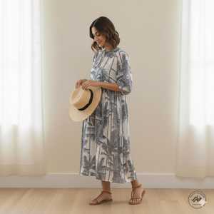 Cotton Floral Print Floor Length A LINE Dress O Neck <b>Three</b> Quarter Puff Sleeves Women's Daily Wear Embroidery Pocket Detail - Product Image 3
