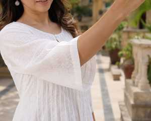 <b>White</b> Solid Chiffon Pleated Casual Dress Loose Fit <b>Maxi</b> O-Neck 3/4 Sleeve 100% Cotton ODM Beach Vacation Wear - Product Image 4