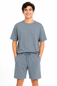 Conjunto de Camiseta y Pantalones Cortos Oversize para Hombre, Estilo Casual de Verano, Mezcla de Algodón, Ajuste Relajado, Ropa de Descanso, Color Liso - Product Image 1