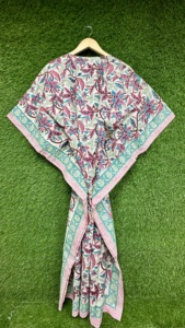 Robe Kaftan en coton pour femmes, imprimé floral, col en V, taille à cordon, manches courtes, coupe ample, tenue de plage, tenue de nuit - Product Image 4