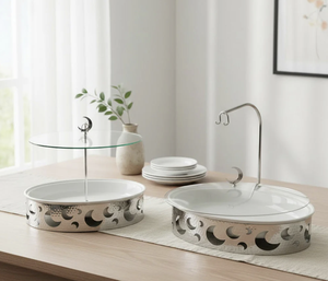 <b>Set</b> of two Customized Shape Chafing Casserole Dishes Modern Middle East Look Glass Cover with Lid Holder & Tealight Casserole - Product Image 1