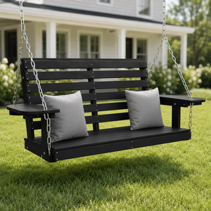 Banc balançoire de véranda en bois noir avec chaînes, chaise suspendue d'extérieur avec plateaux latéraux et coussins pour mobilier de patio et de jardin - Product Image 6