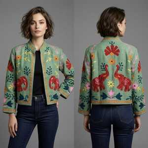 Chaqueta Corta de Mujer Hastkala, Bordada a Mano con Diseño Floral, 100% Algodón Tejido, Cuello Mandarín, Manga Larga, Estilo Boho, Otoño - Product Image 3