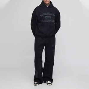 ชุดเซ็ตสตรีทแวร์วินเทจสีดำฟอกกรดแบบซิปเต็มตัว พร้อมกางเกงวอร์มขาบานและเสื้อฮู้ดดี้สำหรับผู้ชาย - Product Image 1