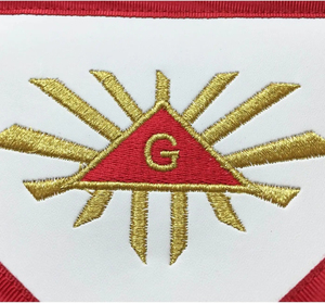 Custom Embroidered Masonic <b>Apron</b> With Gold Omega And B Symbol Red Border <b>White</b> Center Classical Style Garment Badge - Product Image 4