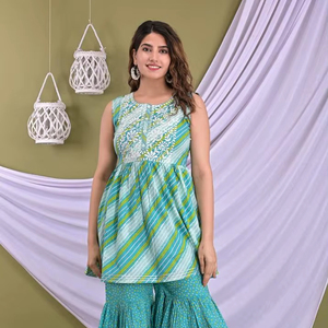 สินค้ามาใหม่ ชุดคุर्ติผ้าฝ้ายพิมพ์ลายทรงเอไลน์สั้น พร้อมชุดชาราร่า ชุดเซ็ตสองชิ้นสำหรับผู้หญิง ราคาประหยัด - Product Image 1