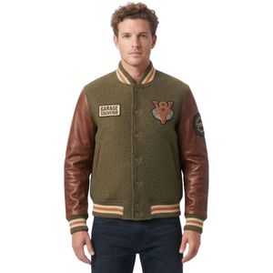 Blousons universitaires personnalisés Heritage en laine 100% avec emblème brodé Olive et manches en cuir véritable marron - Product Image 1