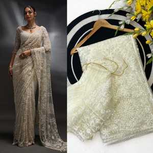 Sari indien élégant, dernière collection, de créateur, qualité supérieure, en mono-voile avec broderie de sequins, style Bollywood, pour mariage, fête estivale, cérémonie. - Product Image 4