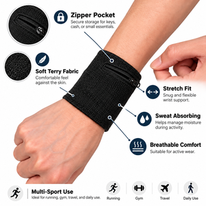 Porte-clés et cartes en coton respirant avec fermeture éclair pour poignet, idéal pour le sport d'hiver, la course, la gym et le pickleball - Product Image 1