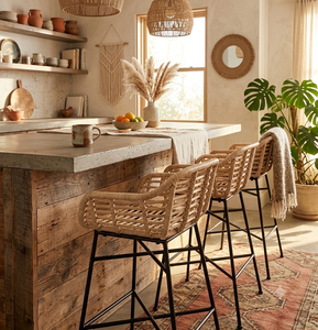 Taburete de bar moderno de ratán natural, silla de mimbre para mostrador con patas de metal negro para cocina, cafetería, restaurante, bistro, venta al por mayor, exterior - Product Image 6